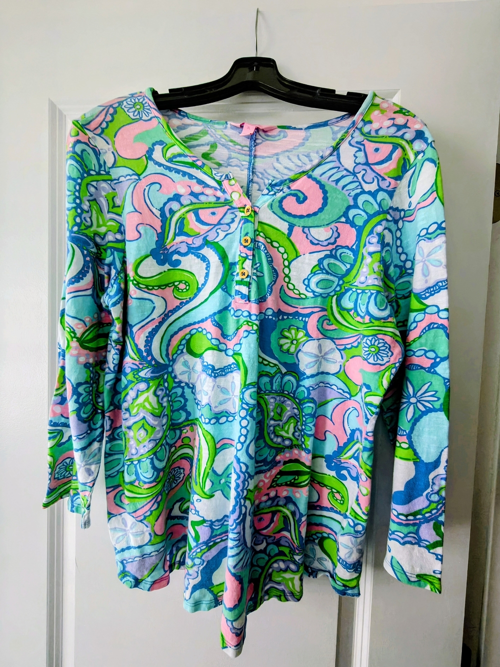 Lilly Pulitzer Long Sleeve Henley in Blue, Pink & Green Paisley